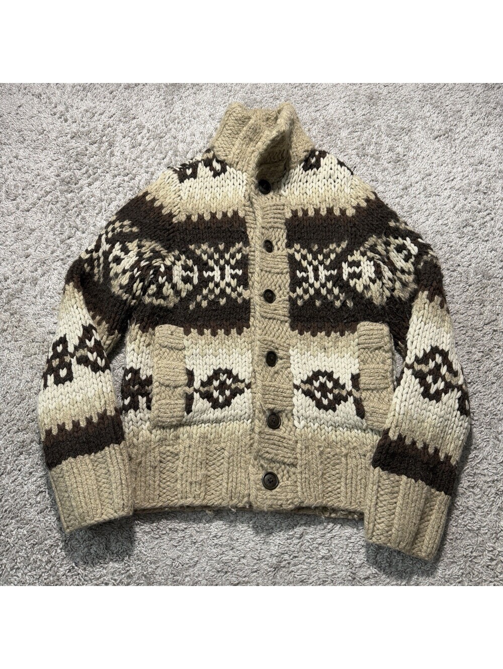EZRA FITCH Handknit Lambs Wool Cowichan Cardigan Sweater Fair Isle Men’s Small